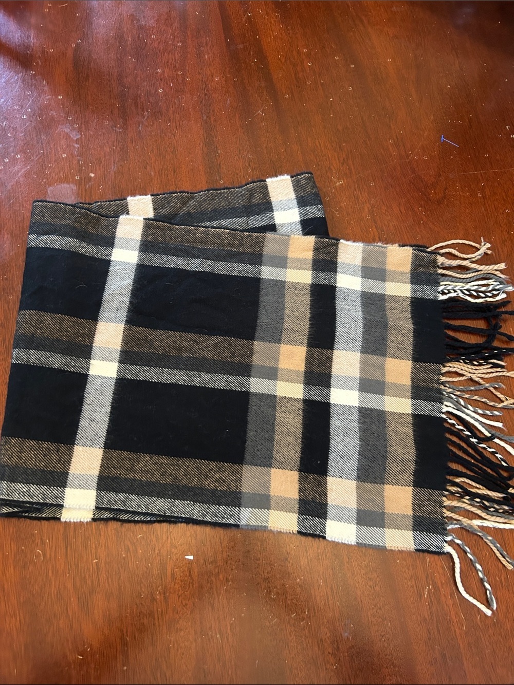100% Cashmere Plaid Fringe Scarf in Black, Tan & Cream EUC